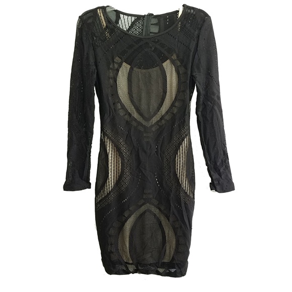 NEW- Black Nude stretchy Bodycon long sleeve dress - Picture 7 of 8
